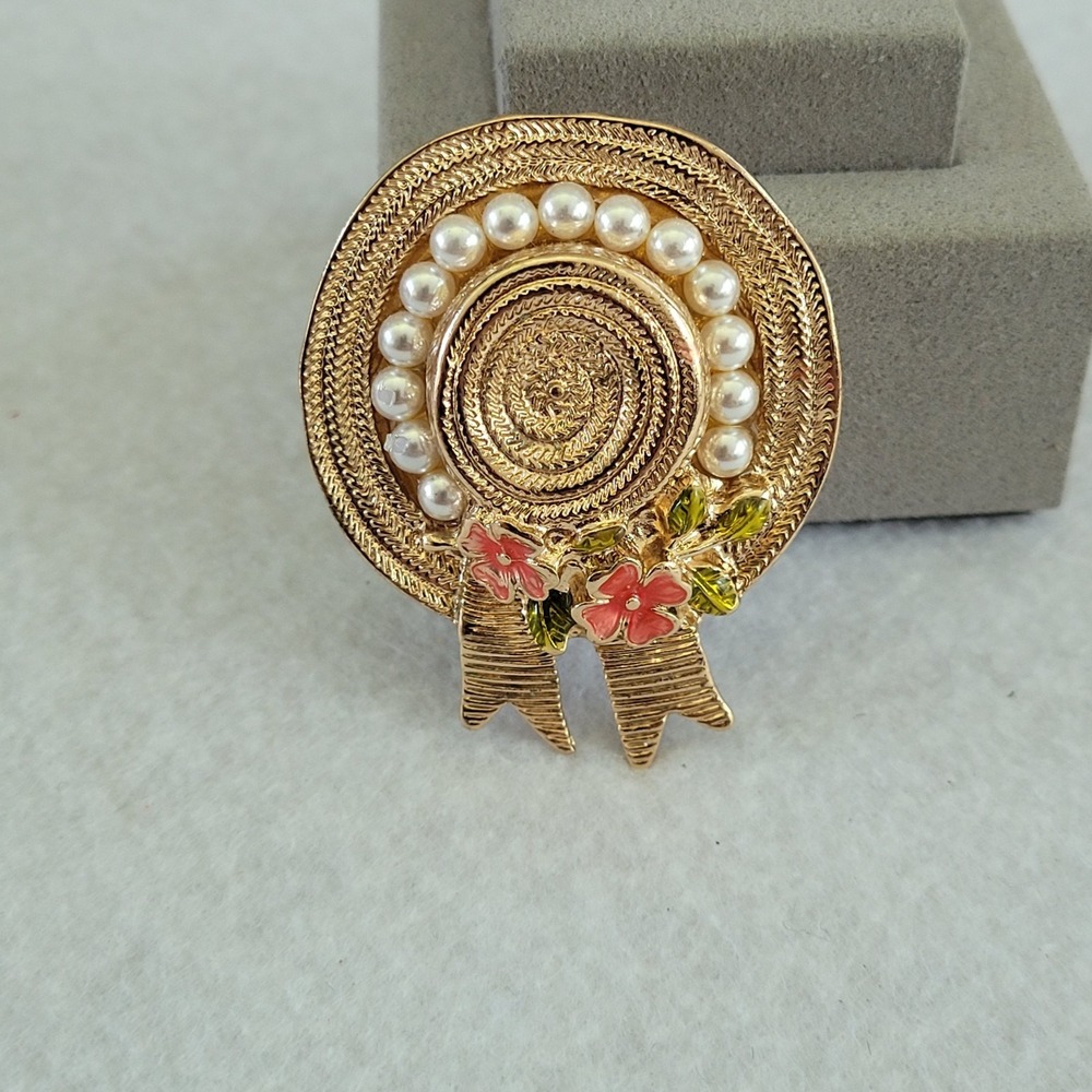 Vintage Gold Tone Hat Brooch Faux Pearl Enamel Floral Ribbon Statement Pin